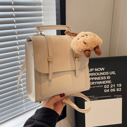 Vintage Preppy Style PU Leather Mini Backpack For Women Fashion Solid Color Small Shoulder Bag With Plush Pendant