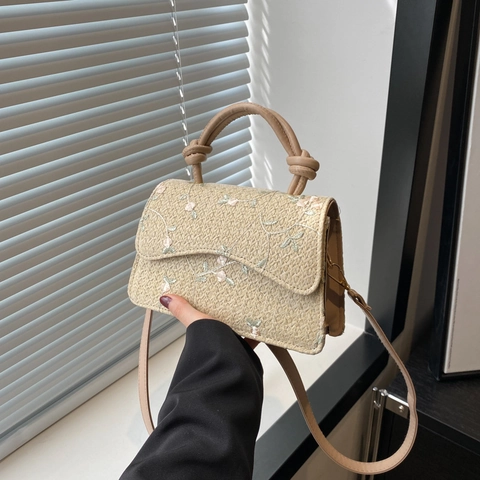 Women Embroidered Woven Shoulder Bag Straw Floral Knot Handle Small Square Crossbody Bag Fashion Pastoral Style Handbag