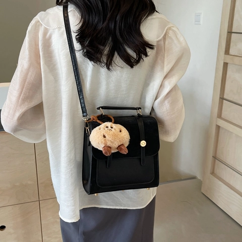 Vintage Preppy Style PU Leather Mini Backpack For Women Fashion Solid Color Small Shoulder Bag With Plush Pendant