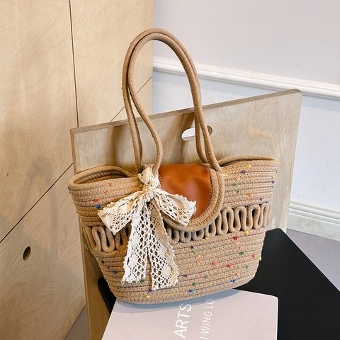 Damen Gewebte Strandbeuteltasche Mode Große Kapazität Punkte Umhängetasche Mit Spitzenschleife Künstliche Perlenschnalle Casual Tote