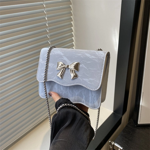 Borsa a Tracolla da Donna Elegante in Pelle PU Texture Marmorizzata Moda Fiocco Catena Crossbody Borsa Piccola Quadrata a Patta per Festa