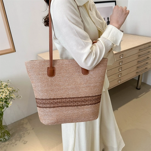 Borsa Tote in Paglia Intrecciata da Donna Grande Capacità Estate Spiaggia Borsa a Tracolla Casual con Pizzo Borsa da Vacanza