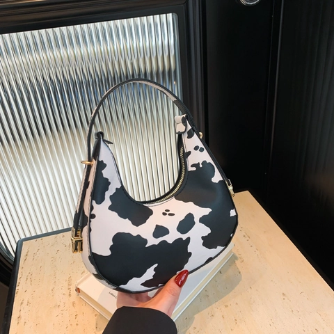 Borsa Hobo a Mezzaluna in Pelle PU da Donna Stampa Animale Borsa a Tracolla Sottobraccio Motivo Mucca Leopardo Zebra Casual