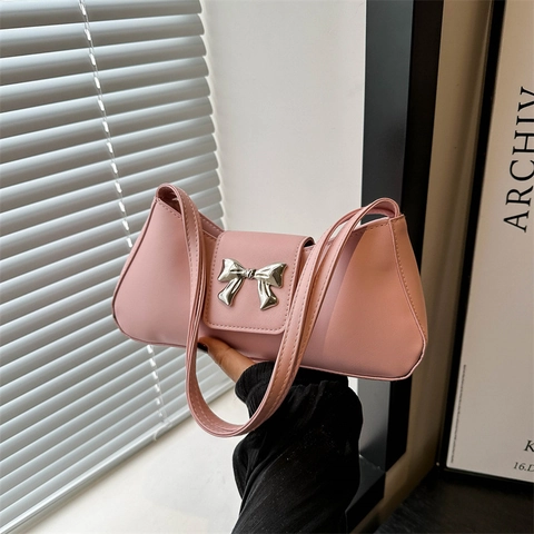 Women PU Leather Baguette Shoulder Bag Retro Underarm Handbag With Metal Bow Decor Elegant Commuter Solid Color Crossbody Bag