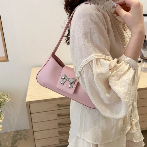 Women PU Leather Baguette Shoulder Bag Retro Underarm Handbag With Metal Bow Decor Elegant Commuter Solid Color Crossbody Bag