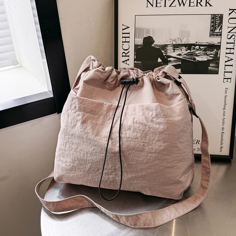 Women Large Capacity Canvas Drawstring Bucket Bag Street Casual Shoulder Crossbody Bag With Adjustable Strap Commuter Handbag