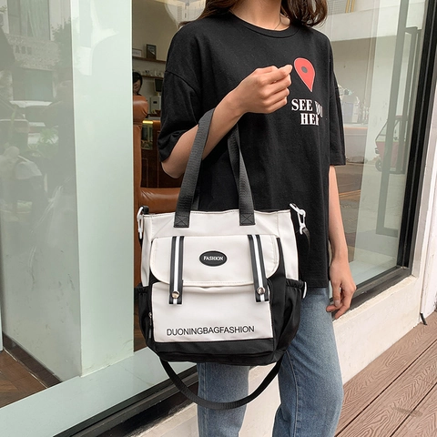 Large Capacity Canvas Color Block Tote Bag For Women Student School Messenger Bag Casual Multi-Pocket Shoulder Bag Adjustable