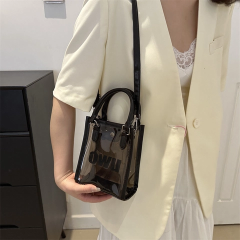 OWU Buchstabendruck Transparente PVC Kleine Tragetasche Für Damen Mode Jelly Umhängetasche Mit Verstellbarem Gurt Strandtasche