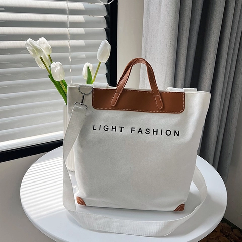 Bolso Tote de Lona Retro de Gran Capacidad para Mujer Casual Color Sólido Bolso de Hombro Con Estampado de Letras Moda Street Style Bolso de Compras