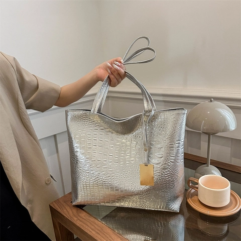 Women Large Capacity Crocodile Embossed PU Leather Tote Bag Fashion Metallic Gloss Shoulder Bag For Shopping Daily Work