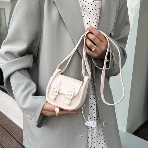 Dames Minimalistische PU Leer Mini Schoudertas Dubbele Gesp Vierkante Crossbodytas Effen Kleur Dagelijkse Tas