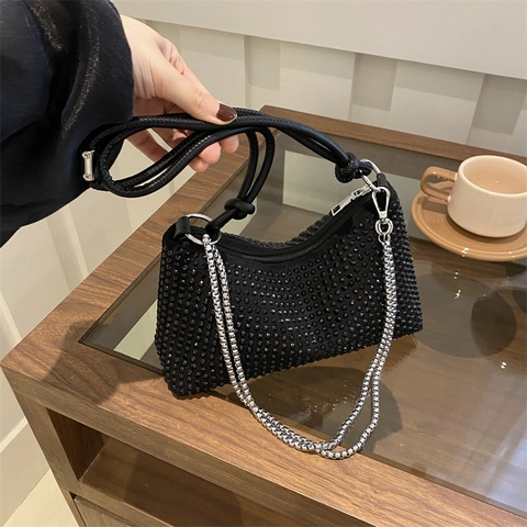 Women Full Sparkly Rhinestone Shoulder Bag Fashion Underarm Baguette Bag With Silver Chain Link For Party Evening Wedding