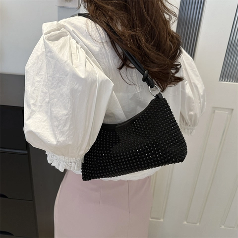 Women Full Sparkly Rhinestone Shoulder Bag Fashion Underarm Baguette Bag With Silver Chain Link For Party Evening Wedding