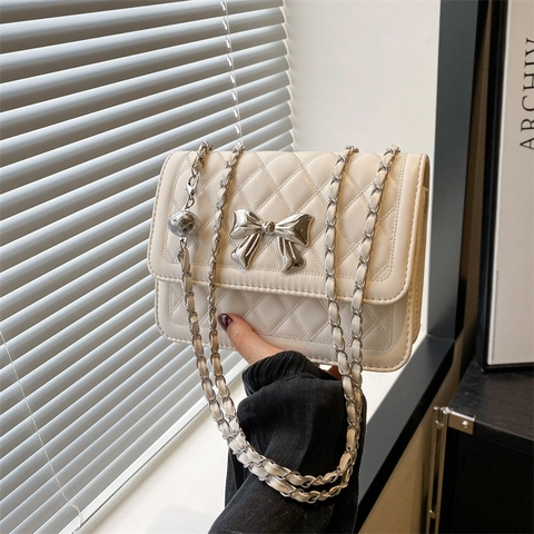 Mode Damen Gesteppt Rautenmuster Schultertasche Bogen Metallschnalle Kette Riemen PU Leder Umhängetasche Kleine Quadratische Tasche