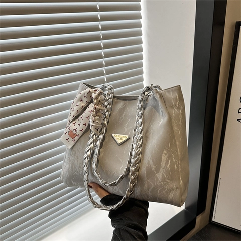 Women Fashion Crinkled PU Leather Tote Bag With Braided Handle Printed Silk Scarf Elegant Casual Large Shoulder Bag