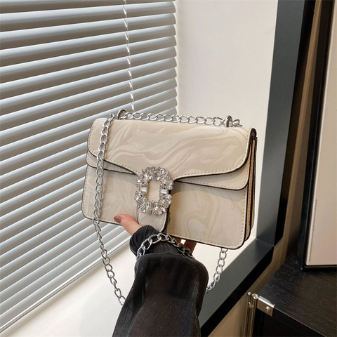 Mode Dames Marmerpatroon PU-Leer Schoudertas Strass-Gesp Vierkante Crossbody Tas Met Zilveren Metalen Ketting