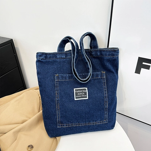 Vintage Denim Canvas Tote Bag For Women Casual Shoulder Bag Large Capacity Top Handle Purse With Front Pocket Stitching Detail