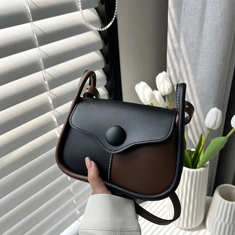 Vintage Women Color Block PU Leather Shoulder Bag Retro Contrast Stitching Small Square Crossbody Bag With Round Button