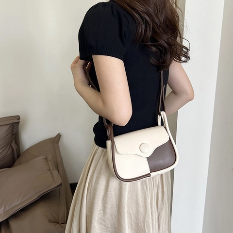 Vintage Women Color Block PU Leather Shoulder Bag Retro Contrast Stitching Small Square Crossbody Bag With Round Button