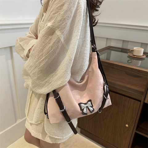 Große Hobo-Schultertasche Für Damen Mit Schleifen-Dekoration PU-Leder Unterarm Tote Bag Für Pendeln Reise Alltag