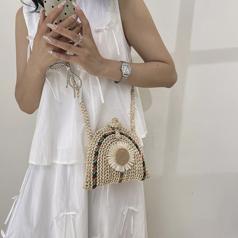 Handgeweven Stro Schoudertas Voor Dames Schelpvormige Crossbodytas Met Bloemdecor Boheems Zomer Strand Casual Messenger Bag