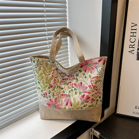 Bolso Tote de Lona de Gran Capacidad para Mujer Estampado Floral Mariposa Bolso de Hombro Casual Viaje Diario Costura