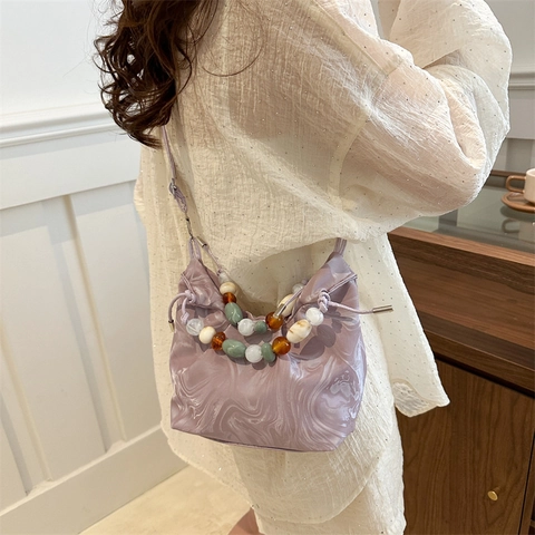 Borsa a Secchiello da Donna con Stampa a Marmo e Manico in Perline Moda Borsa a Tracolla in Pelle PU con Coulisse
