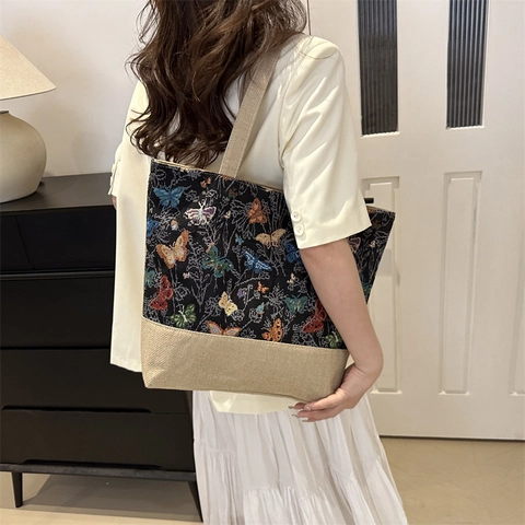 Bolso Tote de Lona de Gran Capacidad para Mujer Estampado Floral Mariposa Bolso de Hombro Casual Viaje Diario Costura