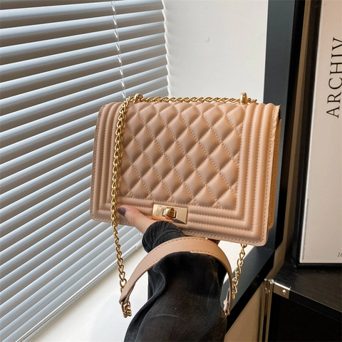 Fashion Korean Quilted Small Square Shoulder Bag For Women PU Leather Crossbody Bag With Metallic Chain Lock Casual Bag