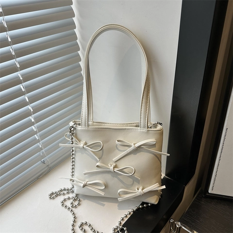 Fashion Women Bow Square Bag Casual PU Leather Shoulder Crossbody Bag With Metal Ball Chain Streetwear Style Handbag Sweet Purse