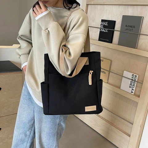 Bolso Tote de Lona de Gran Capacidad para Mujer Estilo Japonés Minimalista Bolso de Hombro Color Sólido Bolso Informal para Escuela