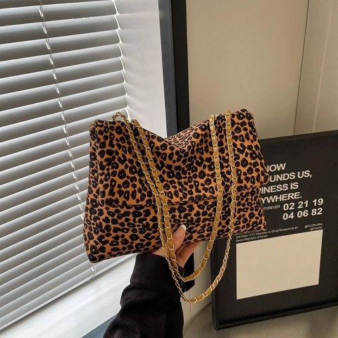 Damen Leopardenmuster Canvas Schultertasche Mode Gold Metallkette Riemen Umhängetasche Lässig Große Kapazität Flip Tote Handtasche