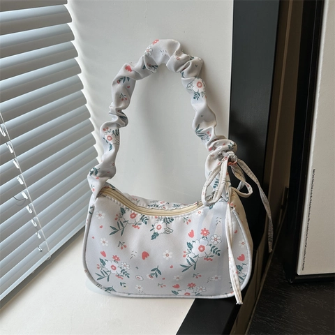 Women Floral Printed Canvas Shoulder Bag Ruched Scrunchie Handle Hobo Bag With Bow Sweet Pastoral Style Tote Purse