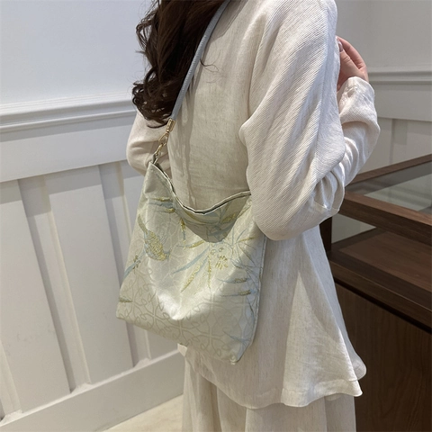 Borsa a Spalla da Donna in Tela Ricamata Grande Capacità Estiva Casual Tote Bag Con Motivo a Farfalla e Foglia di Bambù Tracolla