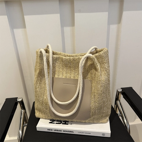 Grand Sac Fourre-Tout Tissé pour Femmes Sac à Épaule en Paille d'Été Sac de Plage Simple Avec Empiècement en Cuir