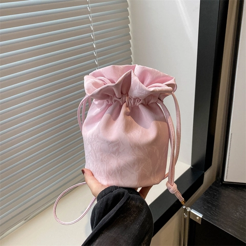 Women Fashion Wrinkled Drawstring Bucket Bag Satin Texture Canvas Shoulder Bag Lightweight Casual Crossbody Bag Daily Use