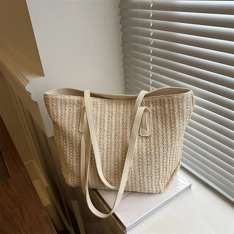 Borsa Tote da Donna Intrecciata in Paglia Grande Capacità Moda Estiva Semplice Borsa a Spalla per Spiaggia Viaggio Vacanza Tempo Libero