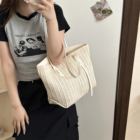 Borsa Tote da Donna Intrecciata in Paglia Grande Capacità Moda Estiva Semplice Borsa a Spalla per Spiaggia Viaggio Vacanza Tempo Libero