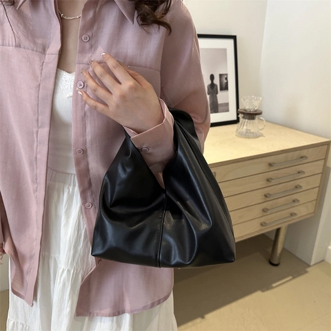 Bolso de Mano Plisado de Cuero PU Minimalista para Mujer Mango de Nudo Bolso de Cubo Casual Estilo Callejero Bolso Hobo Color Sólido