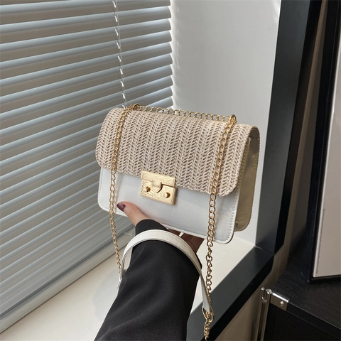Women Straw Weaving Splicing Synthetic Leather Shoulder Bag Small Square Contrast Color Chain Crossbody Bag Casual Handbag