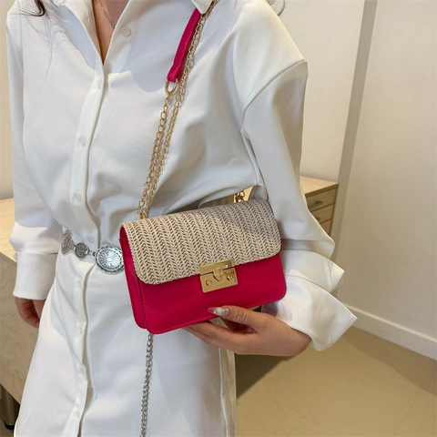 Women Straw Weaving Splicing Synthetic Leather Shoulder Bag Small Square Contrast Color Chain Crossbody Bag Casual Handbag