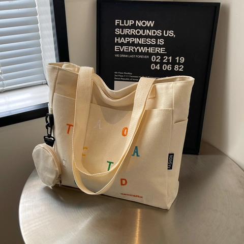 Mode Damen Leinwand Tragetasche Große Kapazität Buchstabenstickerei Schultertasche Lässig Street Style Achseltasche Für Täglich Student