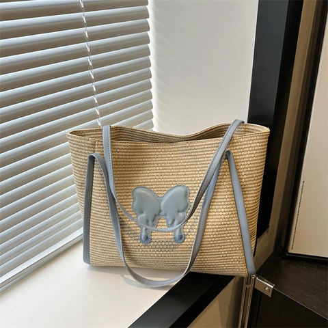 Women Straw Woven Tote Bag Large Capacity Butterfly Patch Summer Beach Shoulder Bag Casual Travel Handbag Purses