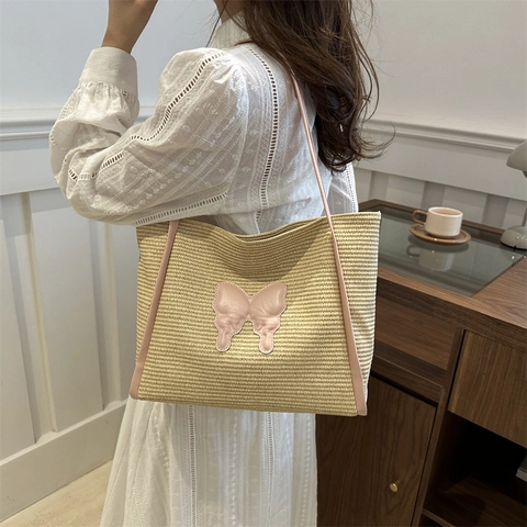 Women Straw Woven Tote Bag Large Capacity Butterfly Patch Summer Beach Shoulder Bag Casual Travel Handbag Purses