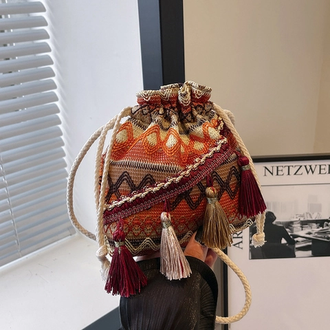 Bohemian Ethno Gewebt Eimertasche Kordelzug Quaste Umhängetasche Für Damen Geometrisches Muster Mode Reise Alltagstasche