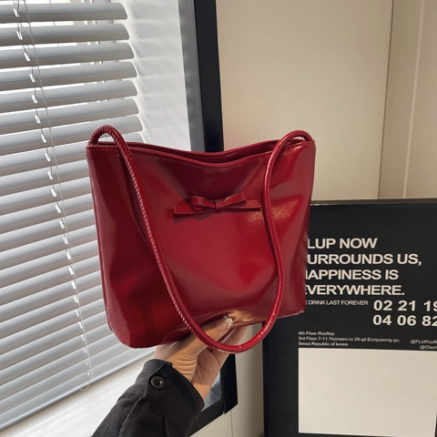 Bolso Bombonera de Cuero PU Brillante con Lazo para Mujer Bolso de Hombro Estético Viaje Bolso de Bandoulière Simple de Moda
