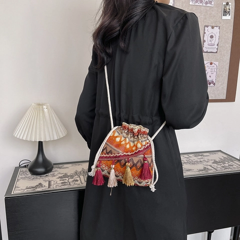 Bohemian Ethno Gewebt Eimertasche Kordelzug Quaste Umhängetasche Für Damen Geometrisches Muster Mode Reise Alltagstasche
