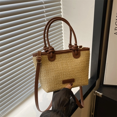 Damen Mode Sommer Strand Stroh Geflochtene Eimertasche Kunstleder Patchwork Handtasche Urlaub Crossbody Umhängetasche