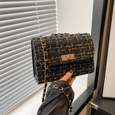 Vintage Tweed Chain Shoulder Bag For Women 2024 New Fashion Small Square Crossbody Bag With Metallic Lock Party Purse