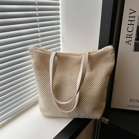 Borsa Tote Casual in Paglia Intrecciata da Donna Grande Capacità Borsa a Spalla per Mare e Vacanze Borsa a Mano con Cerniera